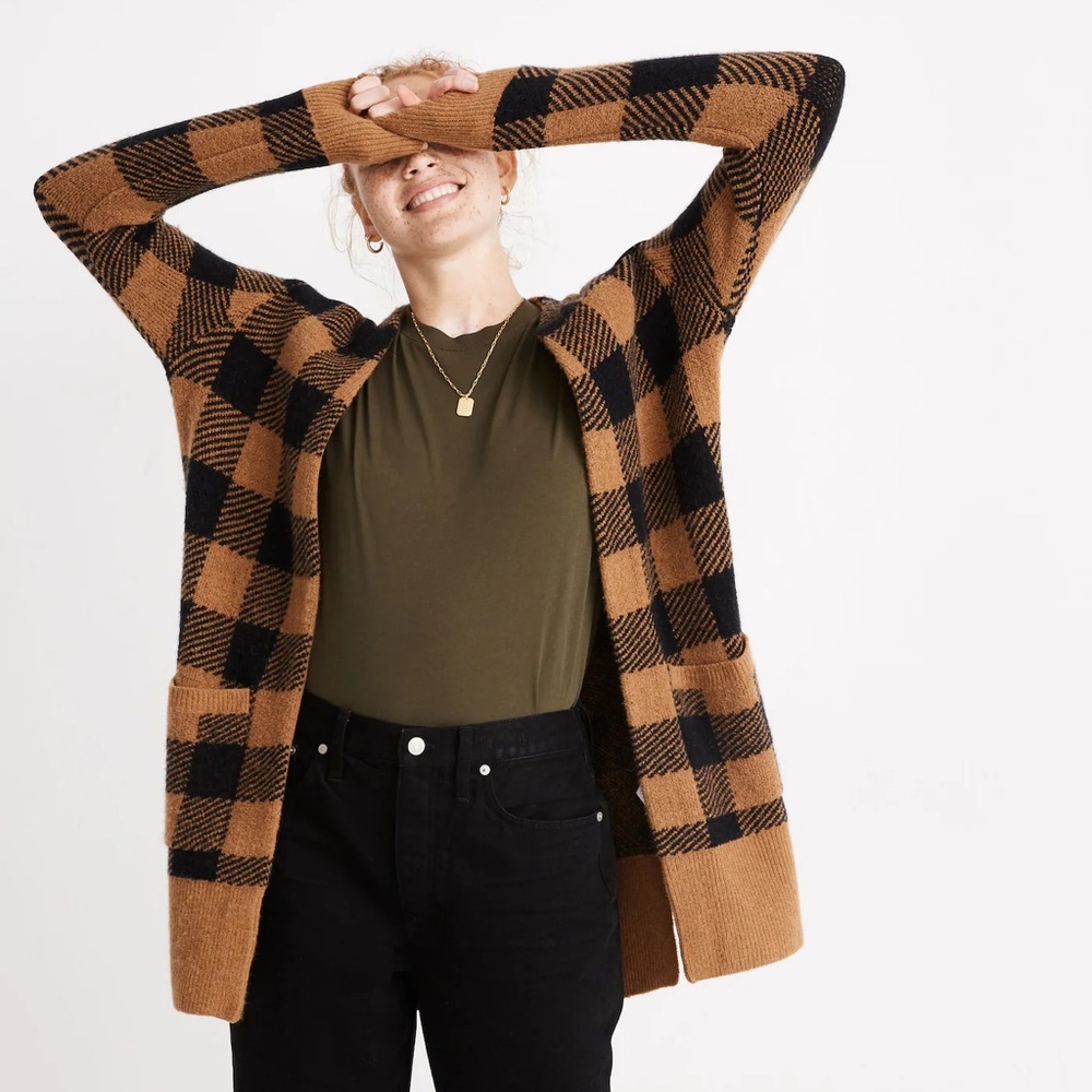 Madewell Brown & Black Buffalo Check Kent Cardigan Sweater in Coziest Yarn